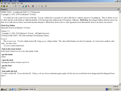HTML-TADS - Ditchday Drifter in play screen capture of HTML-TADS in action